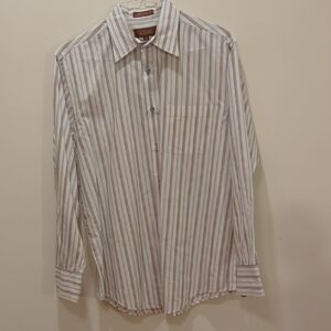 Tasso Elba White and Brown Striped Casual Button Down Shirt